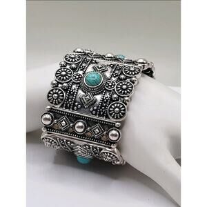 Vintage Silver Tone Turquoise Style Stretch Cuff Bracelet Boho Tribal Wide Panel